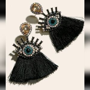 Eye Decor Tassel Drop earrings, engraved  rhinestone.